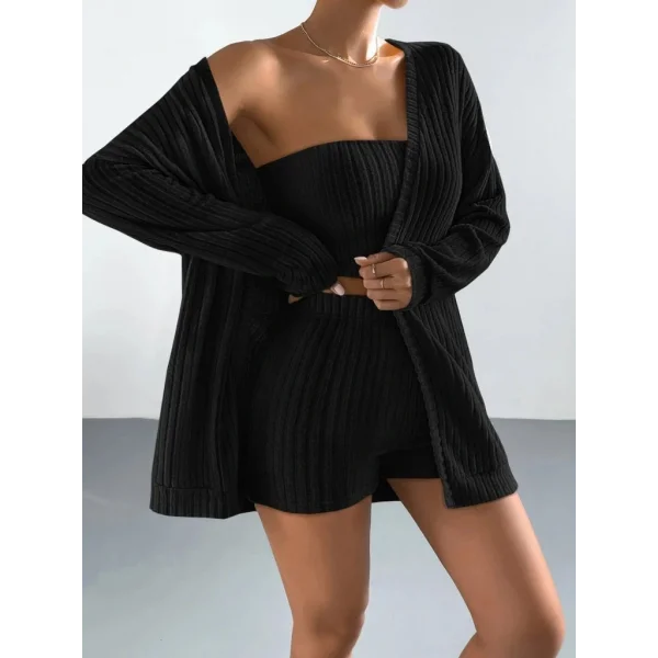 Kadın Uzun Kollu önü Açık şardonlu Kaşkorse Ceket Büstiyer Ve Short üçlü Takım