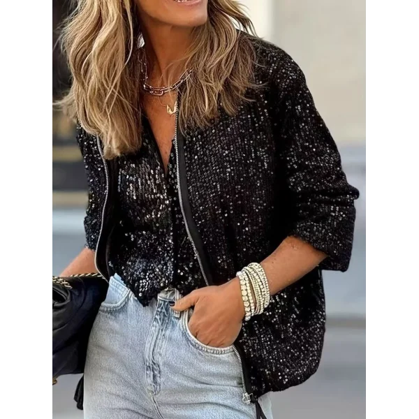 Kadın Uzun Kollu önü Fermuarlı Kısa Pulpayet Ceket