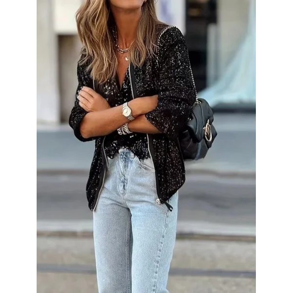 Kadın Uzun Kollu önü Fermuarlı Kısa Pulpayet Ceket