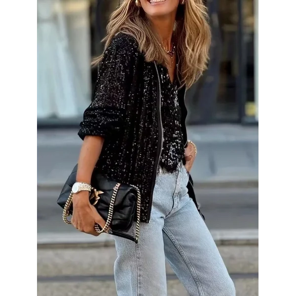 Kadın Uzun Kollu önü Fermuarlı Kısa Pulpayet Ceket