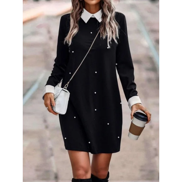 Kadın Uzun Kollu Polo Yaka Inci Detay Krep Elbise