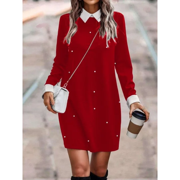 Kadın Uzun Kollu Polo Yaka Inci Detay Krep Elbise