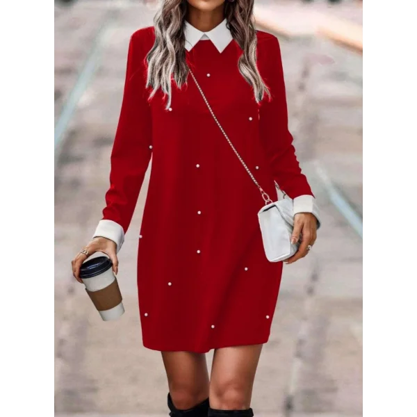 Kadın Uzun Kollu Polo Yaka Inci Detay Krep Elbise