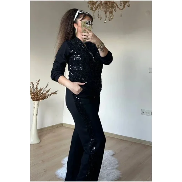 Kadın Uzun Kollu Pul Payet Detay Fermuarlı Hırka Ve Pantolon Ikili Takım