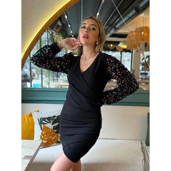 Kadın Uzun Kollu Pul Payetli Kruvaze Yaka Yandan Düğmeli Kısa Ithal Krep Elbise