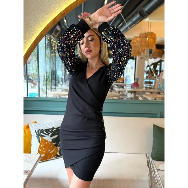 Kadın Uzun Kollu Pul Payetli Kruvaze Yaka Yandan Düğmeli Kısa Ithal Krep Elbise