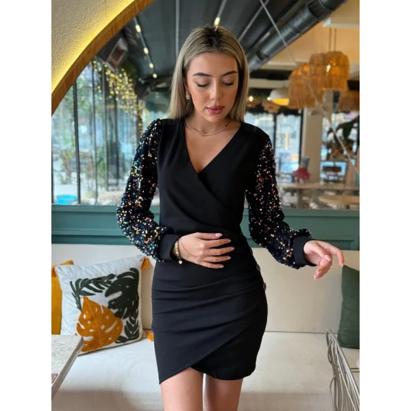 Kadın Uzun Kollu Pul Payetli Kruvaze Yaka Yandan Düğmeli Kısa Ithal Krep Elbise