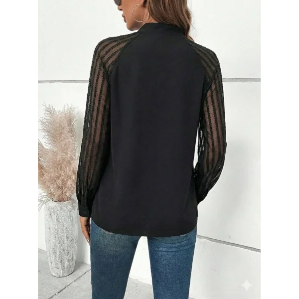 Kadın Uzun Kollu Reglan Kol Detaylı Tüllü Yakadan Bağlamalı Sandy Bluz