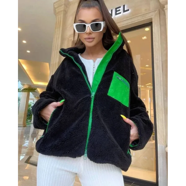 Kadın Uzun Kollu Renkli Cep Ve Fermuar Detay Peluş ont