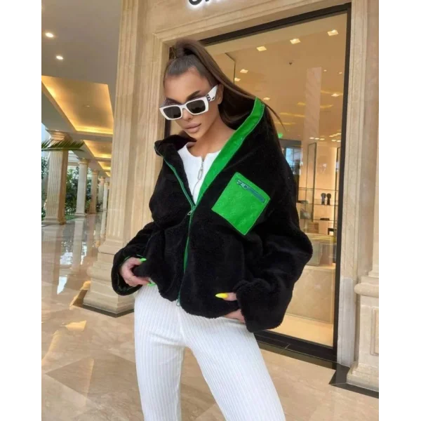 Kadın Uzun Kollu Renkli Cep Ve Fermuar Detay Peluş ont