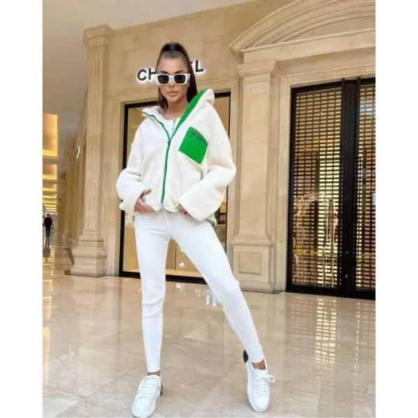 Kadın Uzun Kollu Renkli Cep Ve Fermuar Detay Peluş ont