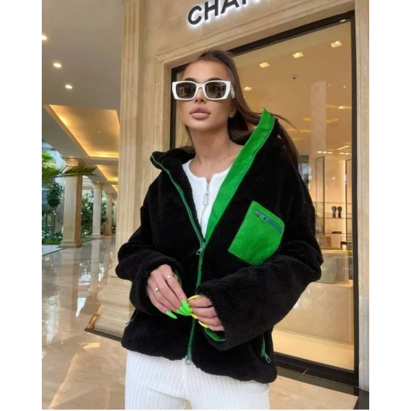 Kadın Uzun Kollu Renkli Cep Ve Fermuar Detay Peluş ont