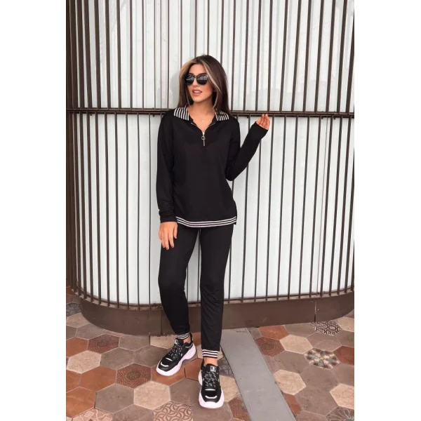 Kadın Uzun Kollu Ribana Ve Fermuar Detay Bluz Ve Yüksel Bel Pantolon 2li Takım