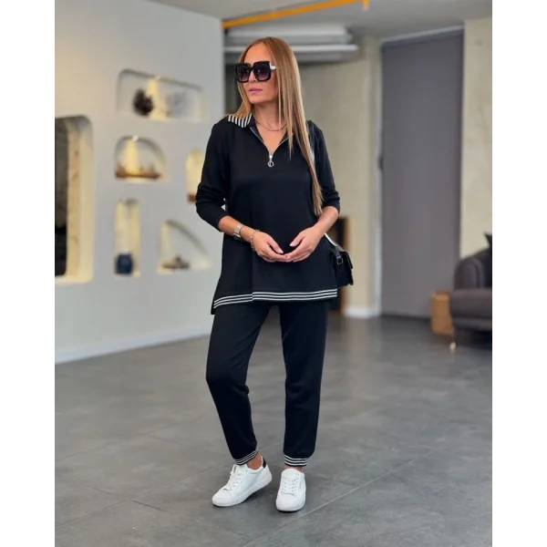 Kadın Uzun Kollu Ribana Ve Fermuar Detay Bluz Ve Yüksel Bel Pantolon 2li Takım