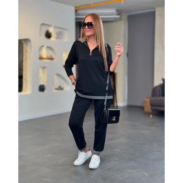 Kadın Uzun Kollu Ribana Ve Fermuar Detay Bluz Ve Yüksel Bel Pantolon 2li Takım