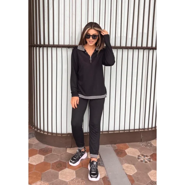 Kadın Uzun Kollu Ribana Ve Fermuar Detay Bluz Ve Yüksel Bel Pantolon 2li Takım