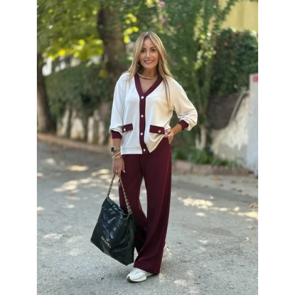 Kadın Uzun Kollu Ribanali Cep Detay Hırka Ve Bol Paça Pantolon Ikili Takım