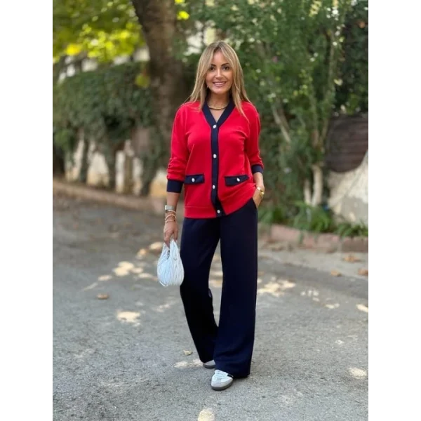 Kadın Uzun Kollu Ribanali Cep Detay Hırka Ve Bol Paça Pantolon Ikili Takım