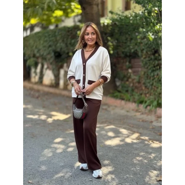 Kadın Uzun Kollu Ribanali Cep Detay Hırka Ve Bol Paça Pantolon Ikili Takım