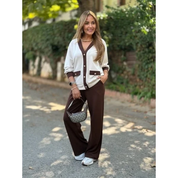 Kadın Uzun Kollu Ribanali Cep Detay Hırka Ve Bol Paça Pantolon Ikili Takım