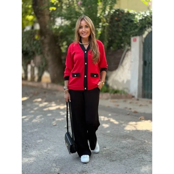 Kadın Uzun Kollu Ribanali Cep Detay Hırka Ve Bol Paça Pantolon Ikili Takım