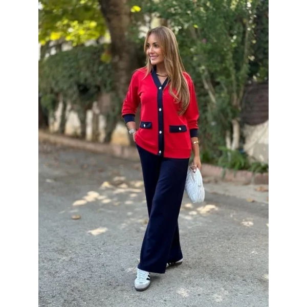 Kadın Uzun Kollu Ribanali Cep Detay Hırka Ve Bol Paça Pantolon Ikili Takım