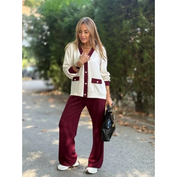 Kadın Uzun Kollu Ribanali Cep Detay Hırka Ve Bol Paça Pantolon Ikili Takım