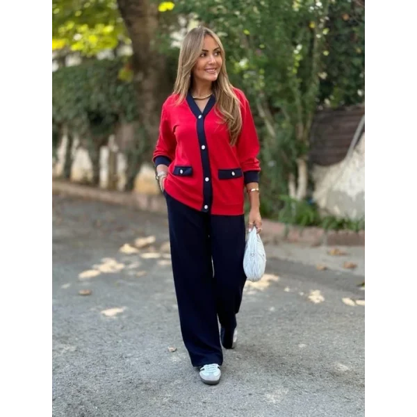 Kadın Uzun Kollu Ribanali Cep Detay Hırka Ve Bol Paça Pantolon Ikili Takım