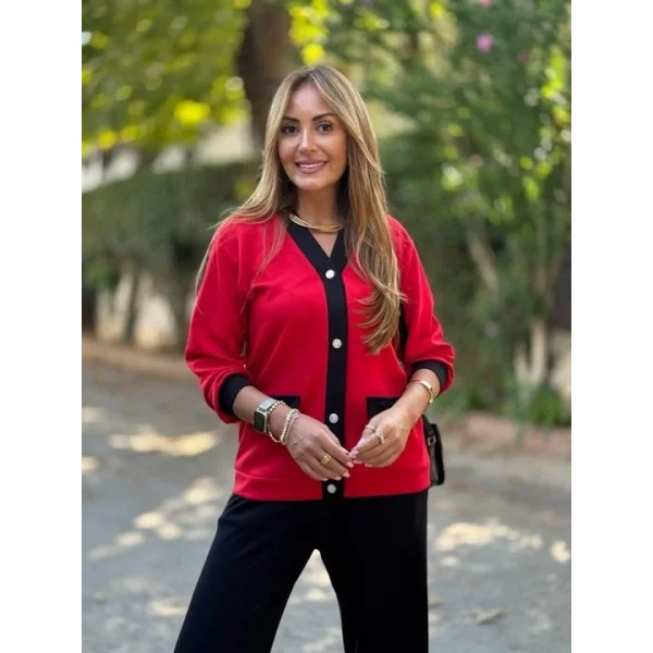 Kadın Uzun Kollu Ribanali Cep Detay Hırka Ve Bol Paça Pantolon Ikili Takım