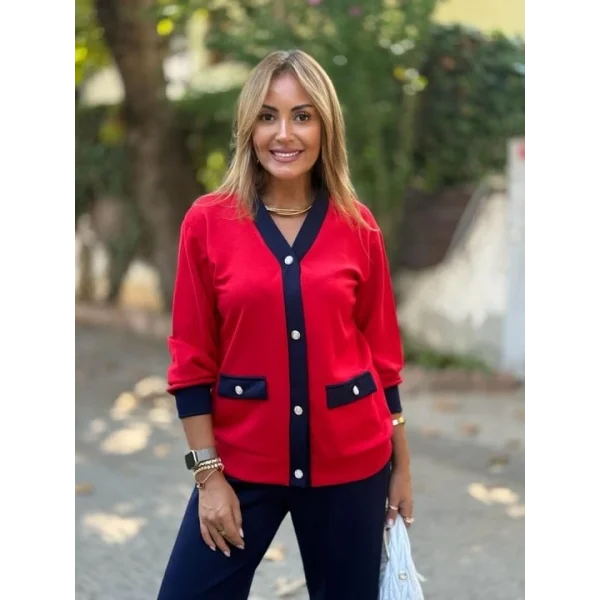 Kadın Uzun Kollu Ribanali Cep Detay Hırka Ve Bol Paça Pantolon Ikili Takım