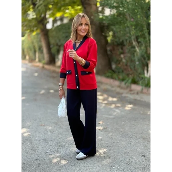 Kadın Uzun Kollu Ribanali Cep Detay Hırka Ve Bol Paça Pantolon Ikili Takım