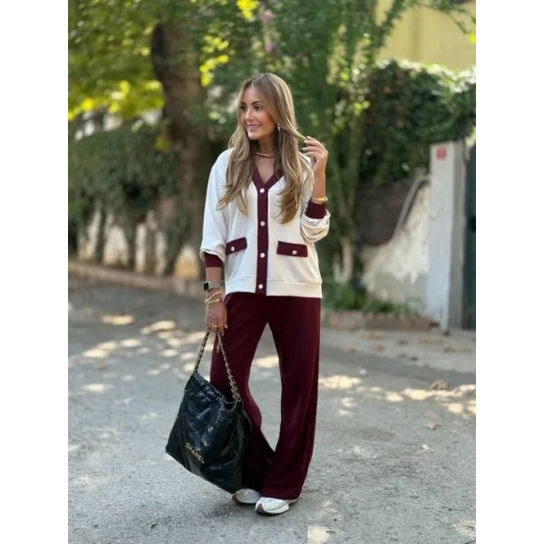 Kadın Uzun Kollu Ribanali Cep Detay Hırka Ve Bol Paça Pantolon Ikili Takım