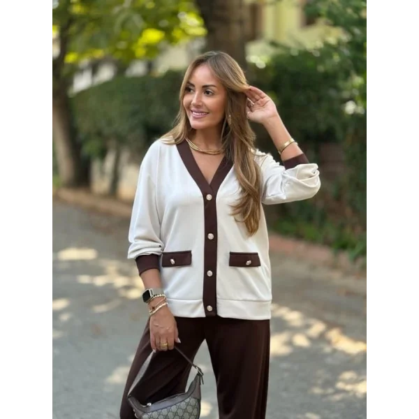 Kadın Uzun Kollu Ribanali Cep Detay Hırka Ve Bol Paça Pantolon Ikili Takım