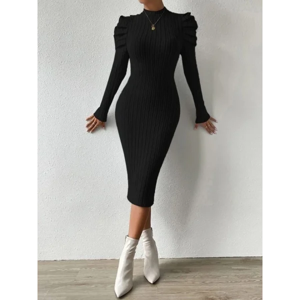 Kadın Uzun Kollu şardonlu Kaşkorse Pile Detay Karpuz Kol Kalem Elbise