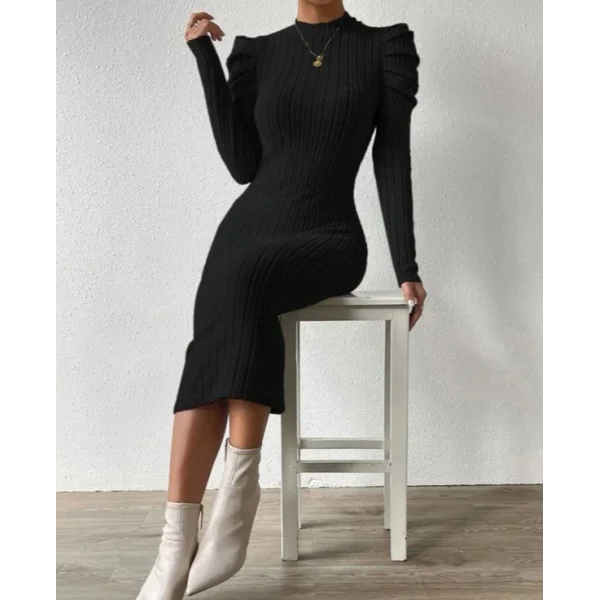 Kadın Uzun Kollu şardonlu Kaşkorse Pile Detay Karpuz Kol Kalem Elbise