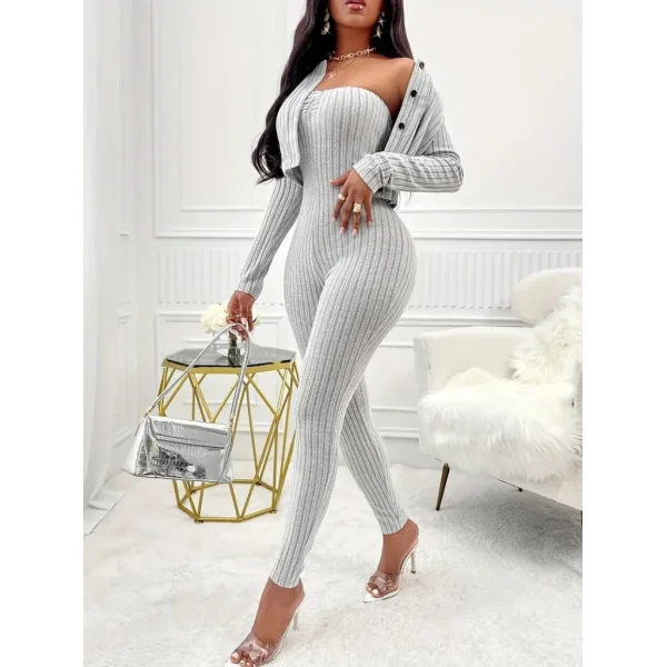 Kadın Uzun Kollu şardonlu Kaşkorse Straplez Ile Kısa önden Düğmeli Ceket Ikili Takım