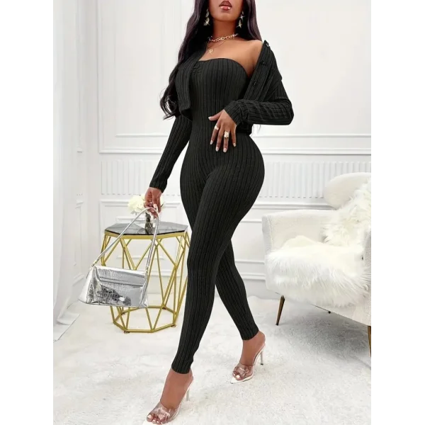 Kadın Uzun Kollu şardonlu Kaşkorse Straplez Ile Kısa önden Düğmeli Ceket Ikili Takım