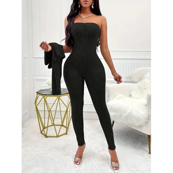 Kadın Uzun Kollu şardonlu Kaşkorse Straplez Ile Kısa önden Düğmeli Ceket Ikili Takım