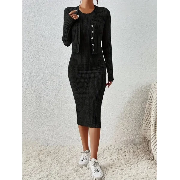 Kadın Uzun Kollu şardonlu Kaşkorseönü Düğmeli Mini Boy Elbise Ikili Takım