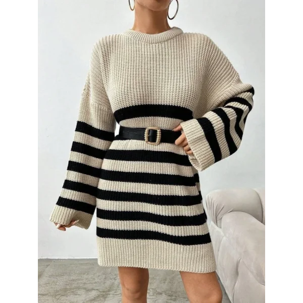 Kadın Uzun Kollu şerit Detay Triko Elbise Kemer Hariç