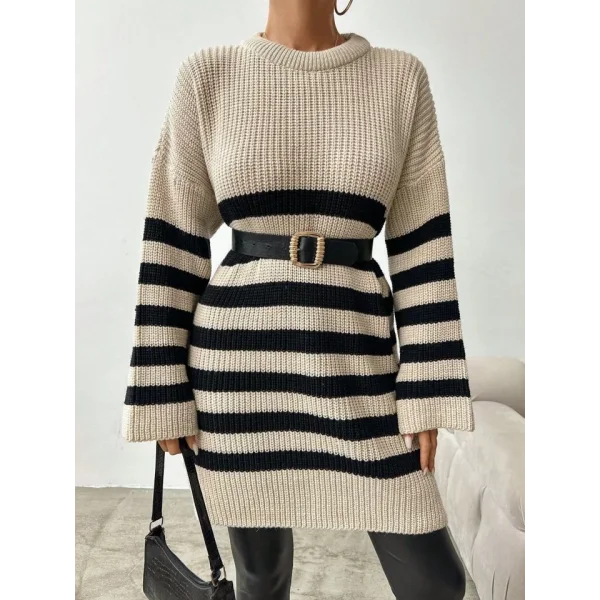 Kadın Uzun Kollu şerit Detay Triko Elbise Kemer Hariç