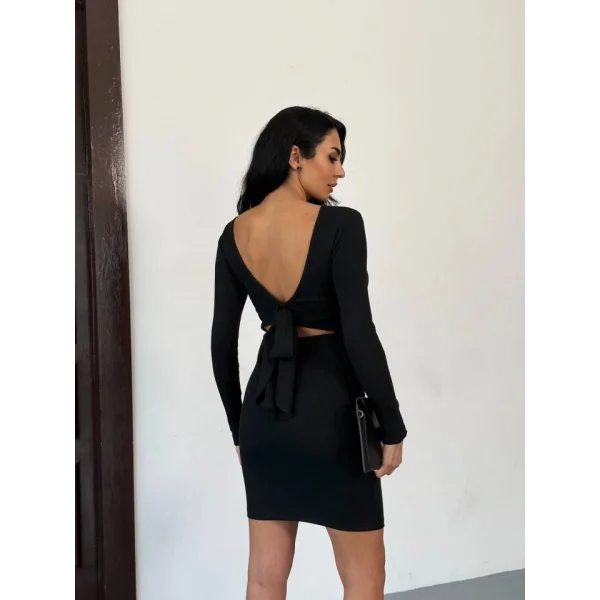 Kadın Uzun Kollu Sırt Dekoltesi Ve Fiyonk Detay Mini Elbise