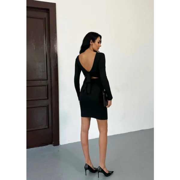 Kadın Uzun Kollu Sırt Dekoltesi Ve Fiyonk Detay Mini Elbise