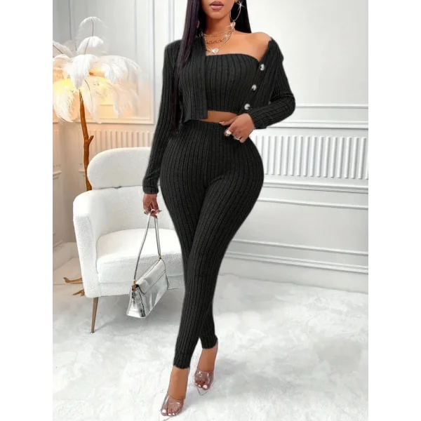 Kadın Uzun Kollu Straplez şardonlu Kaşkorse Bluz önü Düğmeli Ceket Ve Tayt Pantolonlu üçlü Takım