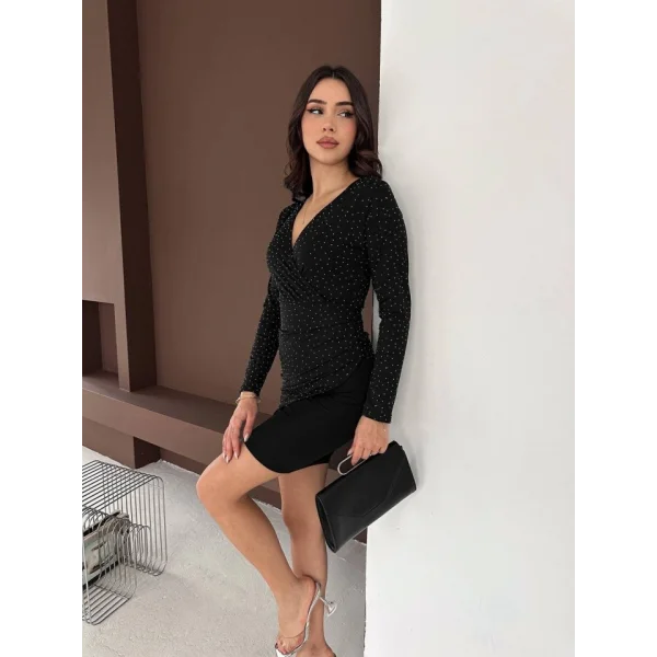 Kadın Uzun Kollu Taş Detay Mini Kruvaze Elbise