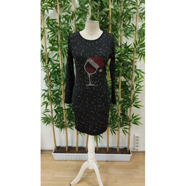 Kadın Uzun Kollu Taş Kadeh Baskı Dalgıç Mini Boy Elbise