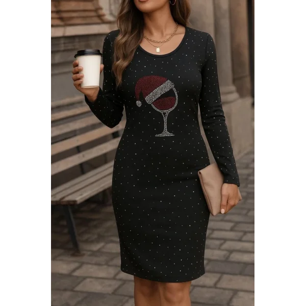 Kadın Uzun Kollu Taş Kadeh Baskı Dalgıç Mini Boy Elbise