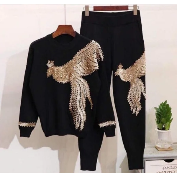 Kadın Uzun Kollu Tavus Kuşu Baskılı Iki Iplik Ikili Takım