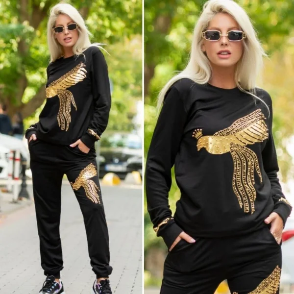 Kadın Uzun Kollu Tavus Kuşu Baskılı Iki Iplik Ikili Takım