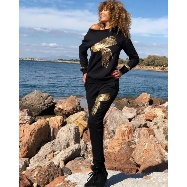 Kadın Uzun Kollu Tavus Kuşu Baskılı Iki Iplik Ikili Takım